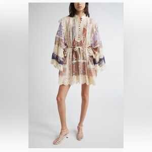 Zimmermann Billow Long Sleeves Lace Trim Minidress in Spliced Color Variety Size